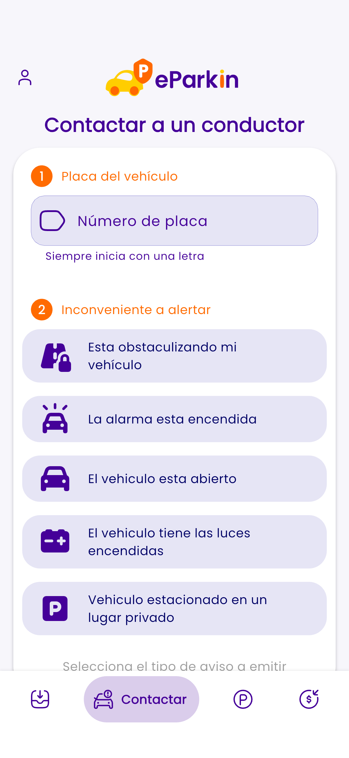 Pantalla principal de eParkin App